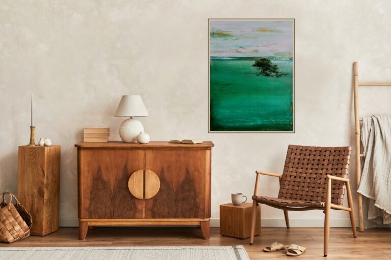 Interior design of neutral living room with stylish retro commode, mock up poster frame, cube, table lamp, decoration and elegant personal accessories in home decor. Template. Japandi concept.